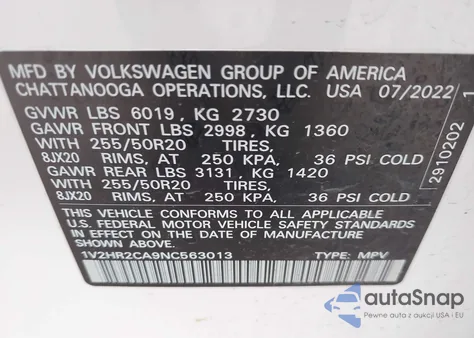 2022 Volkswagen Atlas 3.6L V6 Se W/Technology z USA, uszkodzony, nr VIN 1V2HR2CA9NC563013